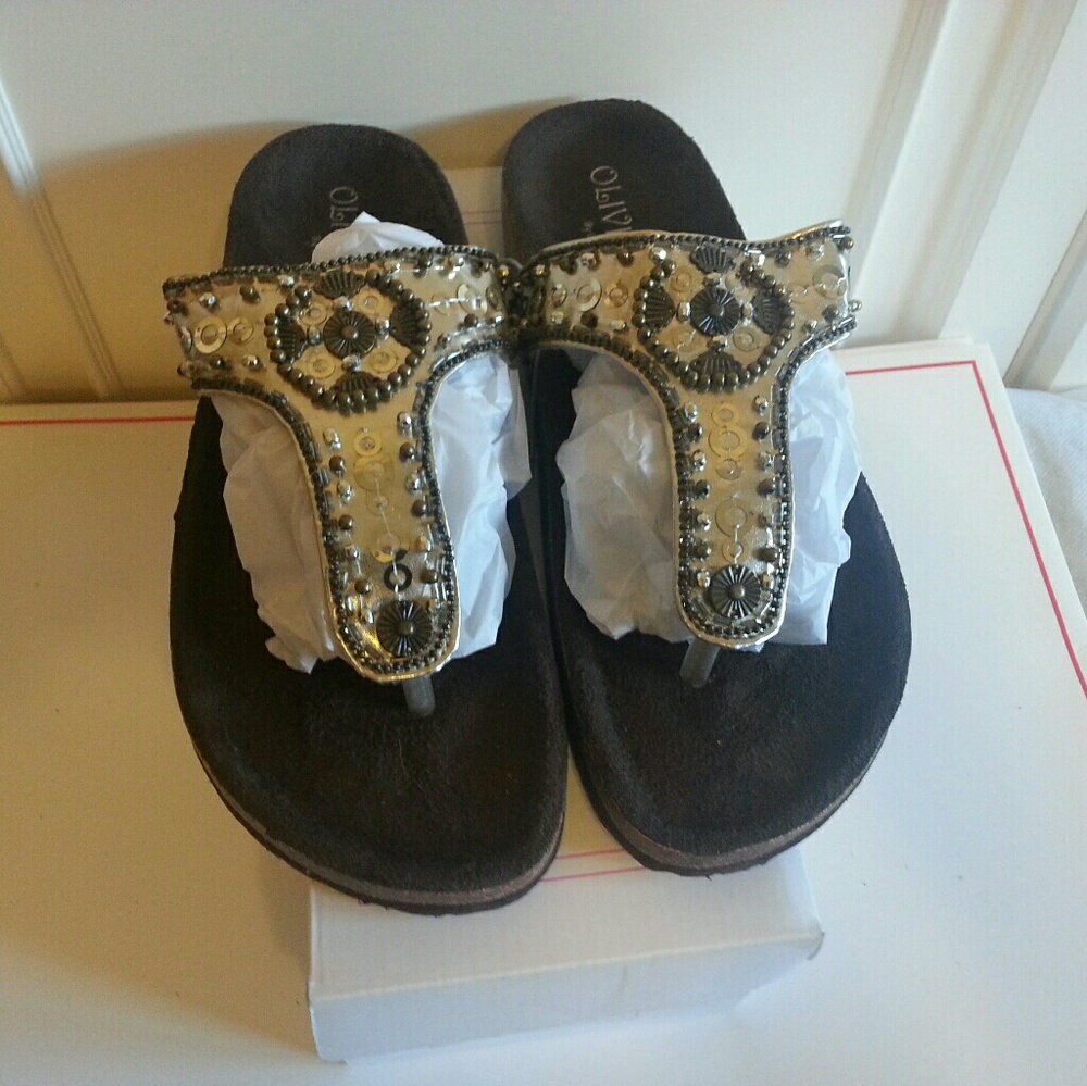 Olivia Glam Cork Gold Thong Sandals 9 Bead…